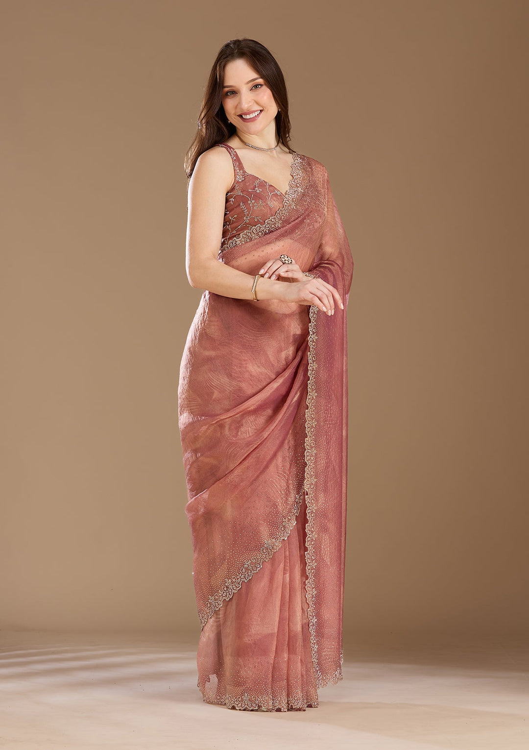 Onion Pink Stonework (Gold) Tissue Saree