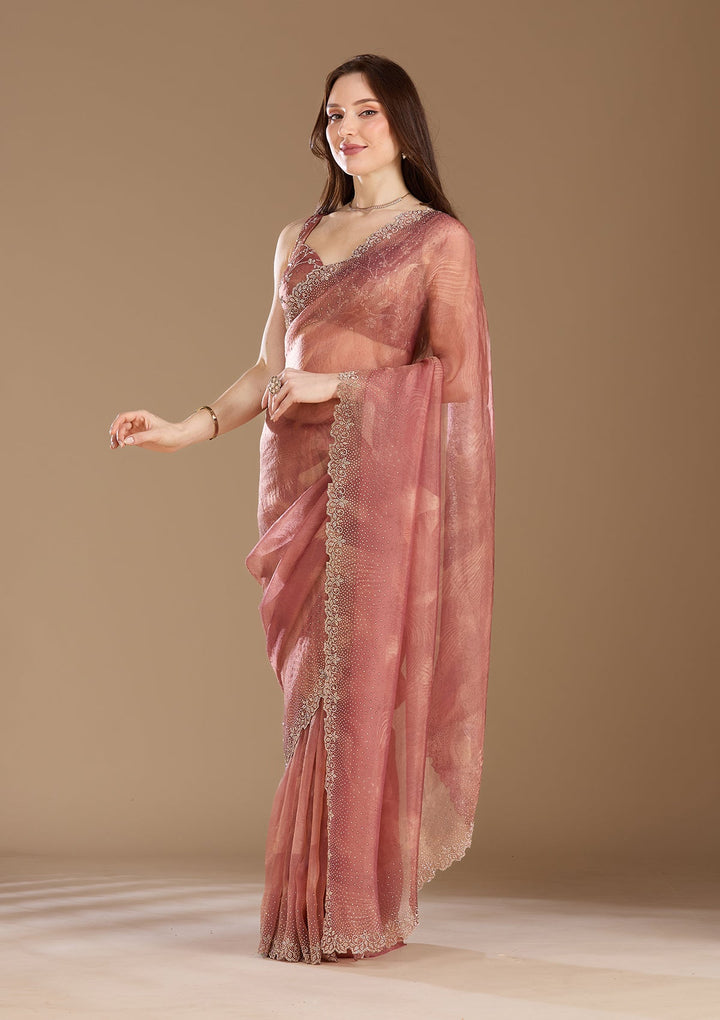 Onion Pink Stonework (Gold) Tissue Saree