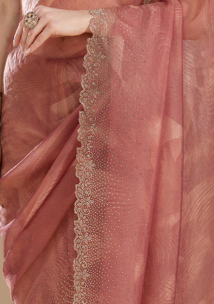 Onion Pink Stonework (Gold) Tissue Saree