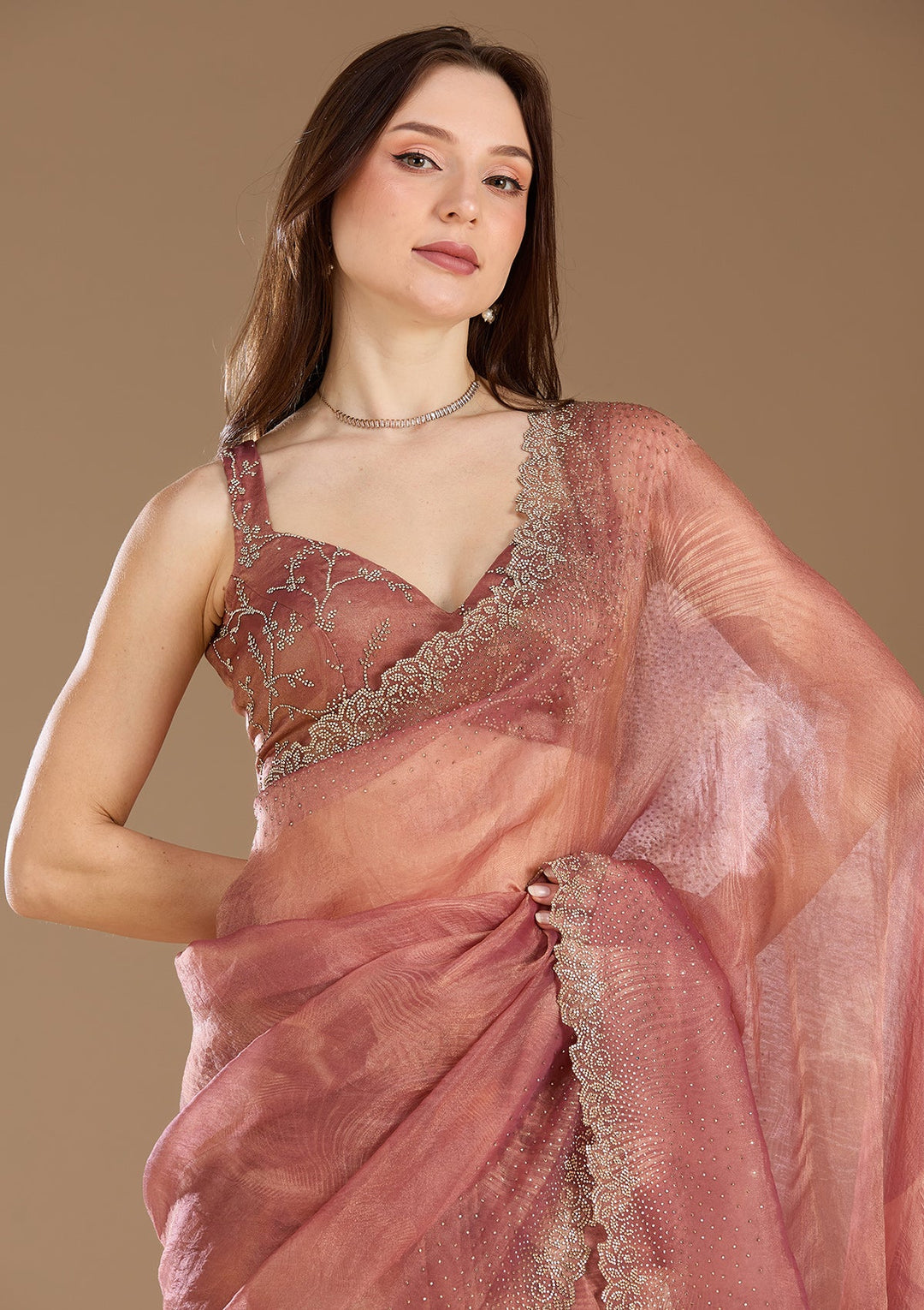 Onion Pink Stonework (Gold) Tissue Saree