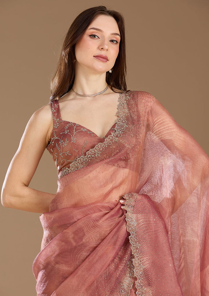 Onion Pink Stonework (Gold) Tissue Saree