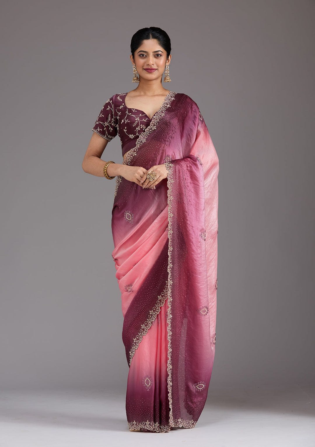 Gajari Pink Stonework (Gold) Tissue Saree_koskii
