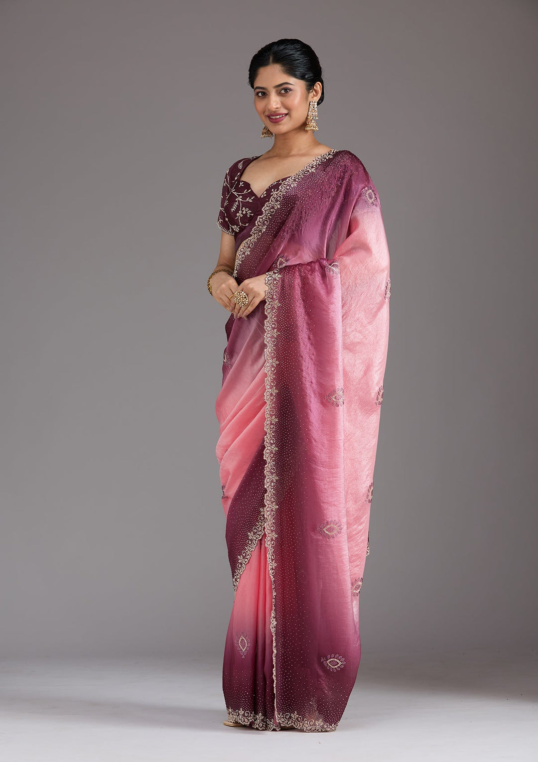Gajari Pink Stonework (Gold) Tissue Saree_koskii