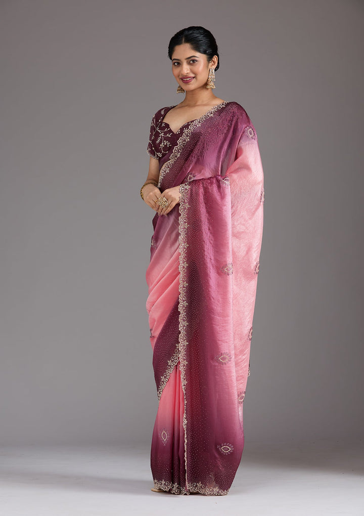 Gajari Pink Stonework (Gold) Tissue Saree_koskii