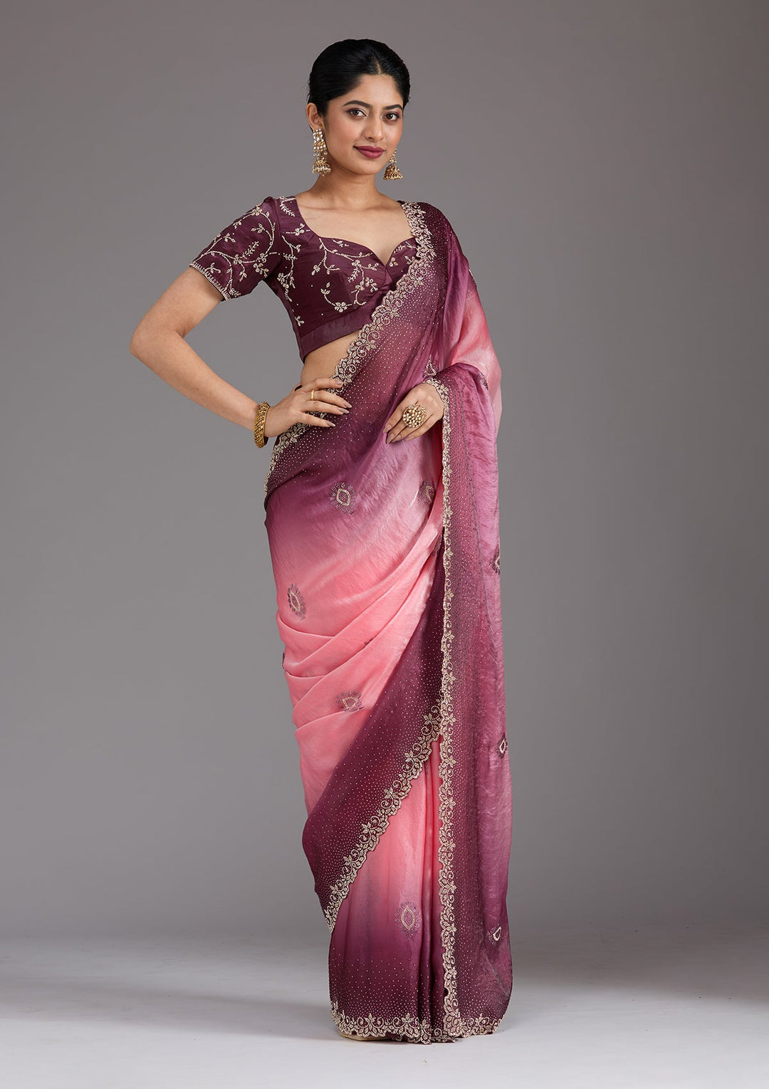 Gajari Pink Stonework (Gold) Tissue Saree_koskii