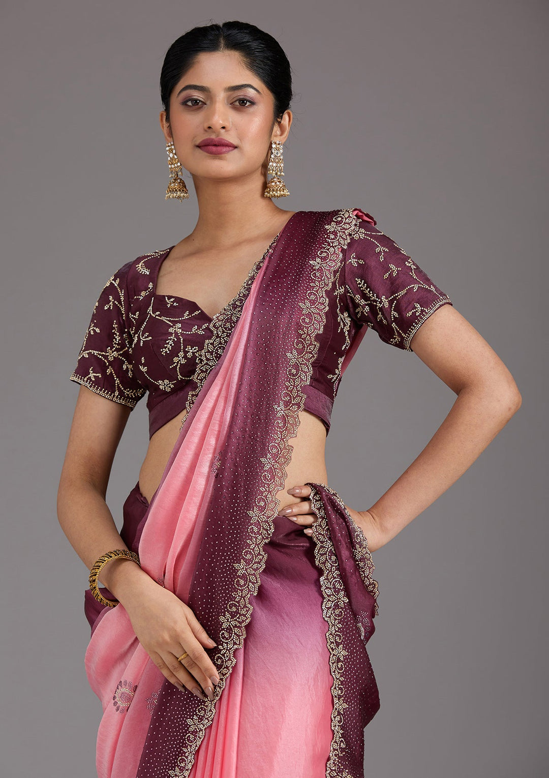 Gajari Pink Stonework (Gold) Tissue Saree_koskii