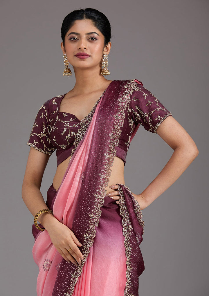 Gajari Pink Stonework (Gold) Tissue Saree_koskii