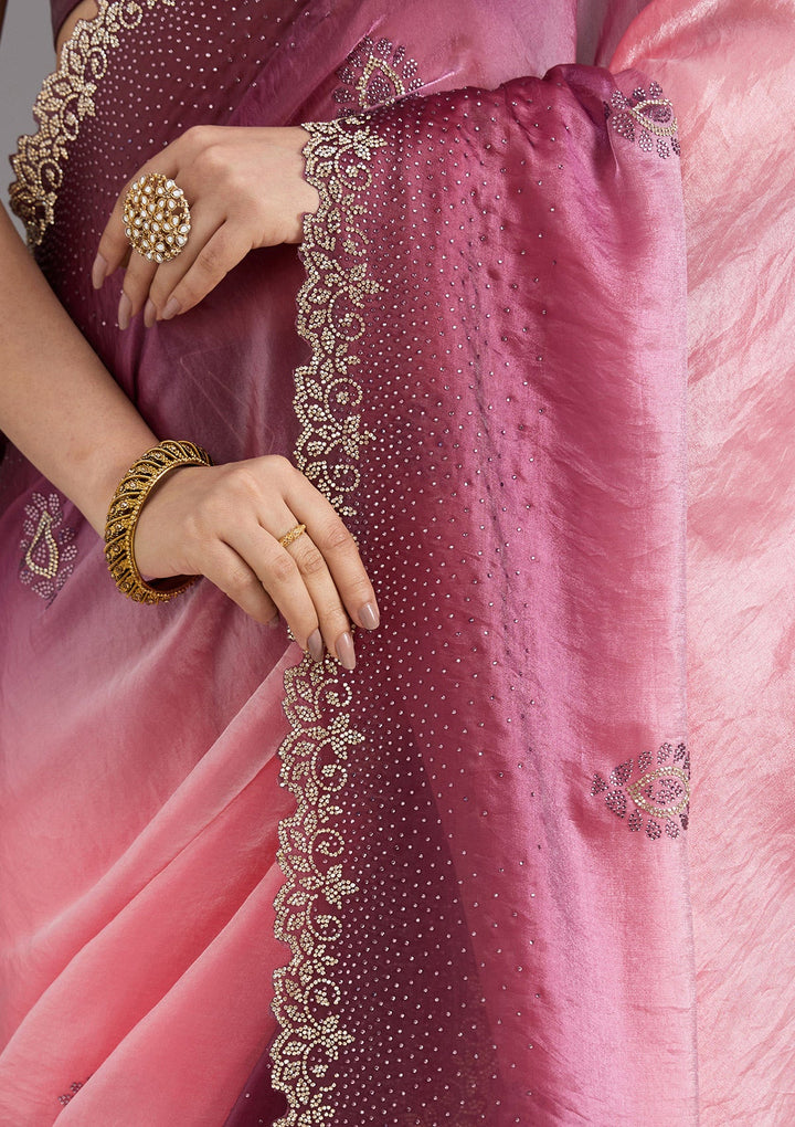 Gajari Pink Stonework (Gold) Tissue Saree_koskii