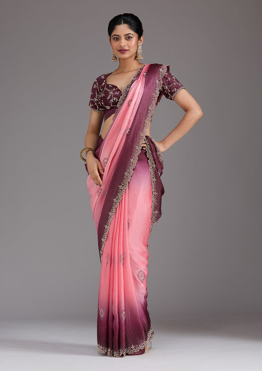 Gajari Pink Stonework (Gold) Tissue Saree_koskii