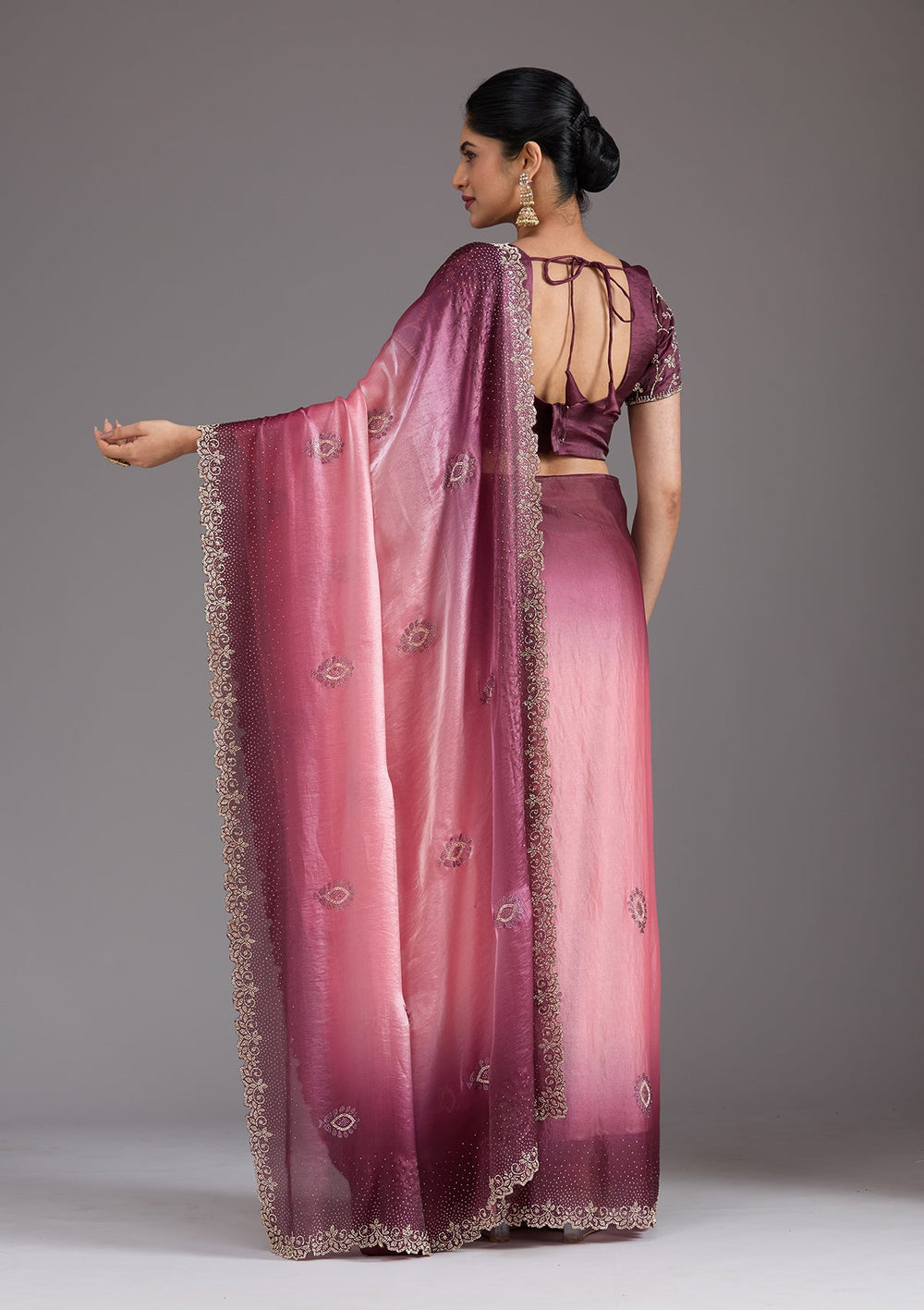 Gajari Pink Stonework (Gold) Tissue Saree_koskii
