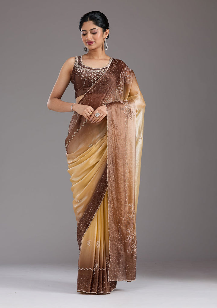 Beige Stonework (Gold) Tissue Saree_koskii