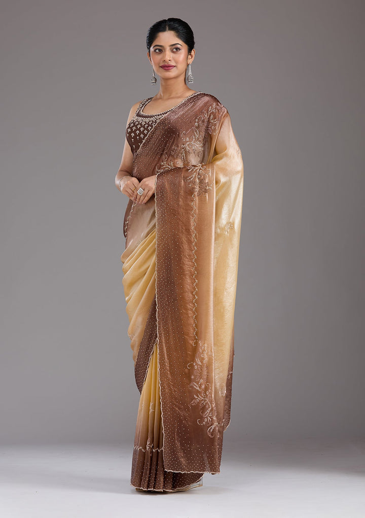 Beige Stonework (Gold) Tissue Saree_koskii