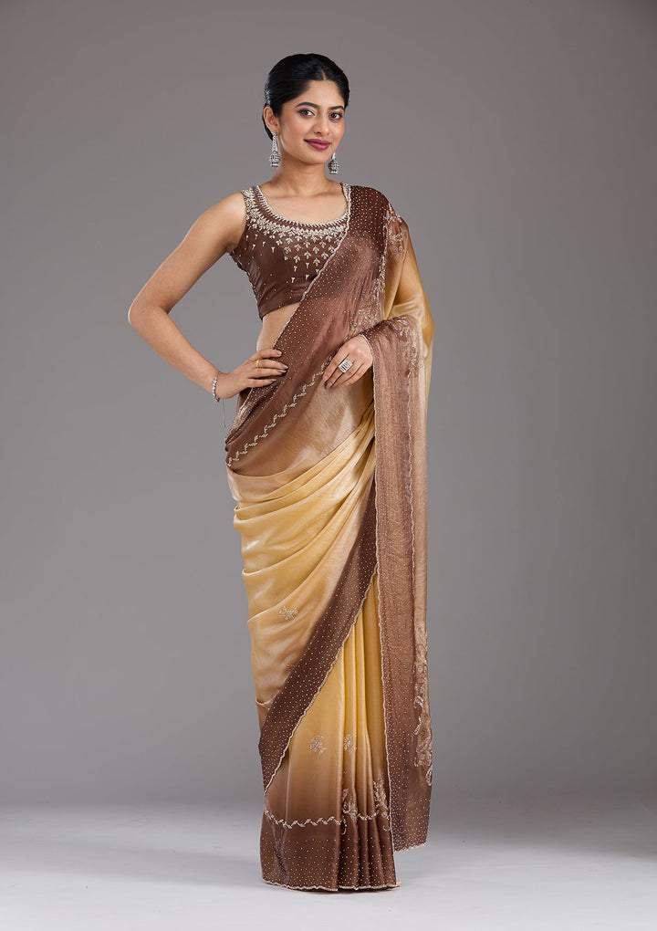Beige Stonework (Gold) Tissue Saree_koskii