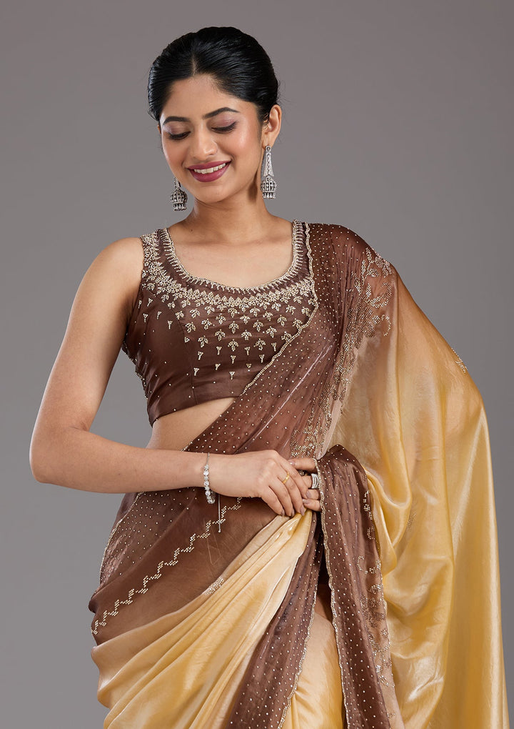 Beige Stonework (Gold) Tissue Saree_koskii