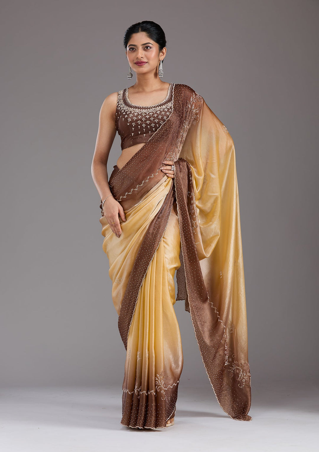 Beige Stonework (Gold) Tissue Saree_koskii