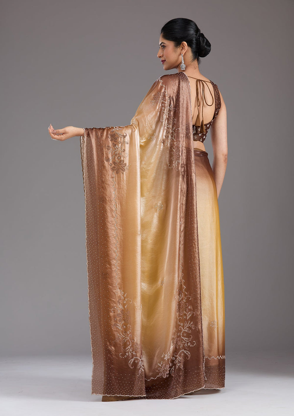 Beige Stonework (Gold) Tissue Saree_koskii