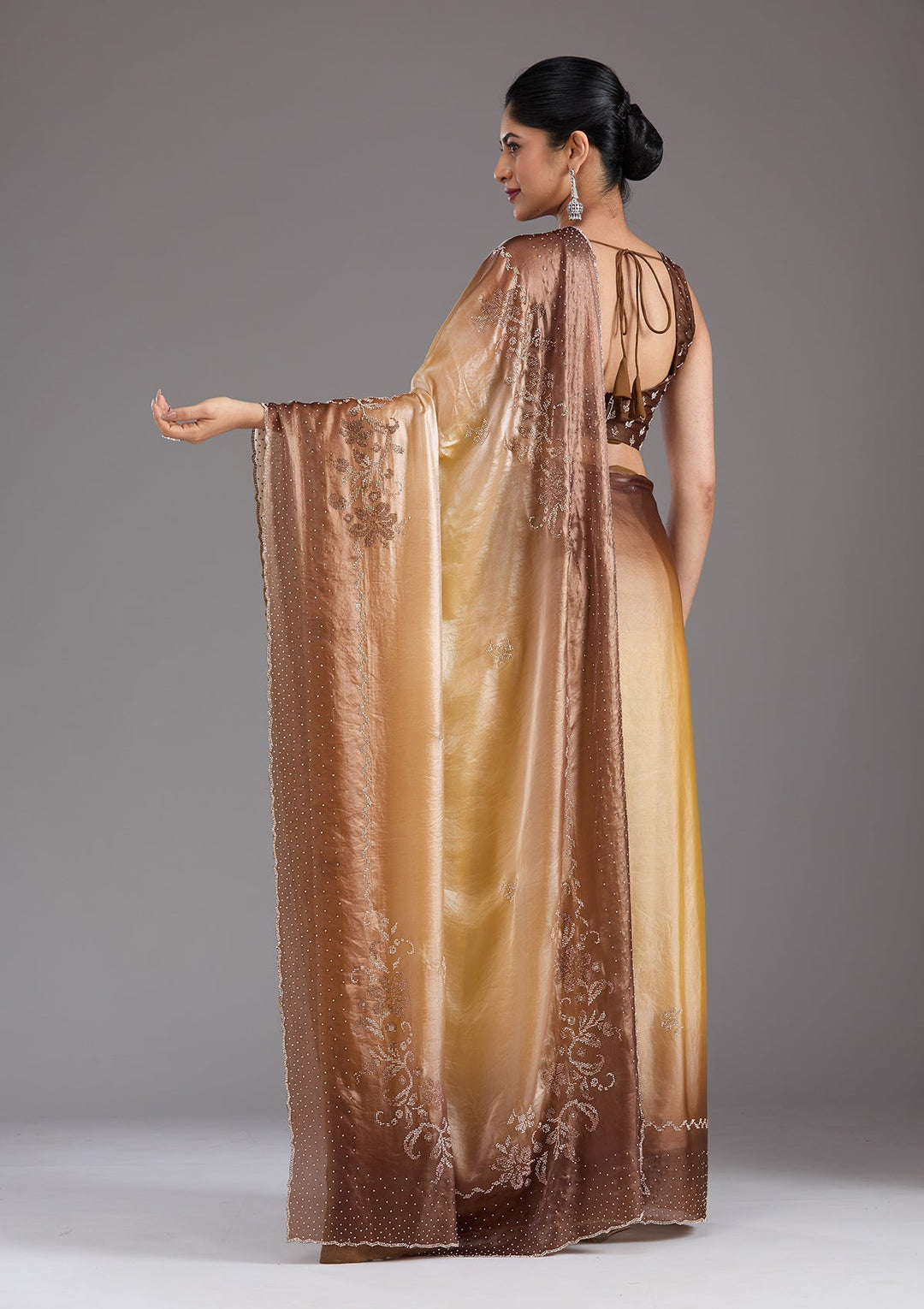 Beige Stonework (Gold) Tissue Saree_koskii