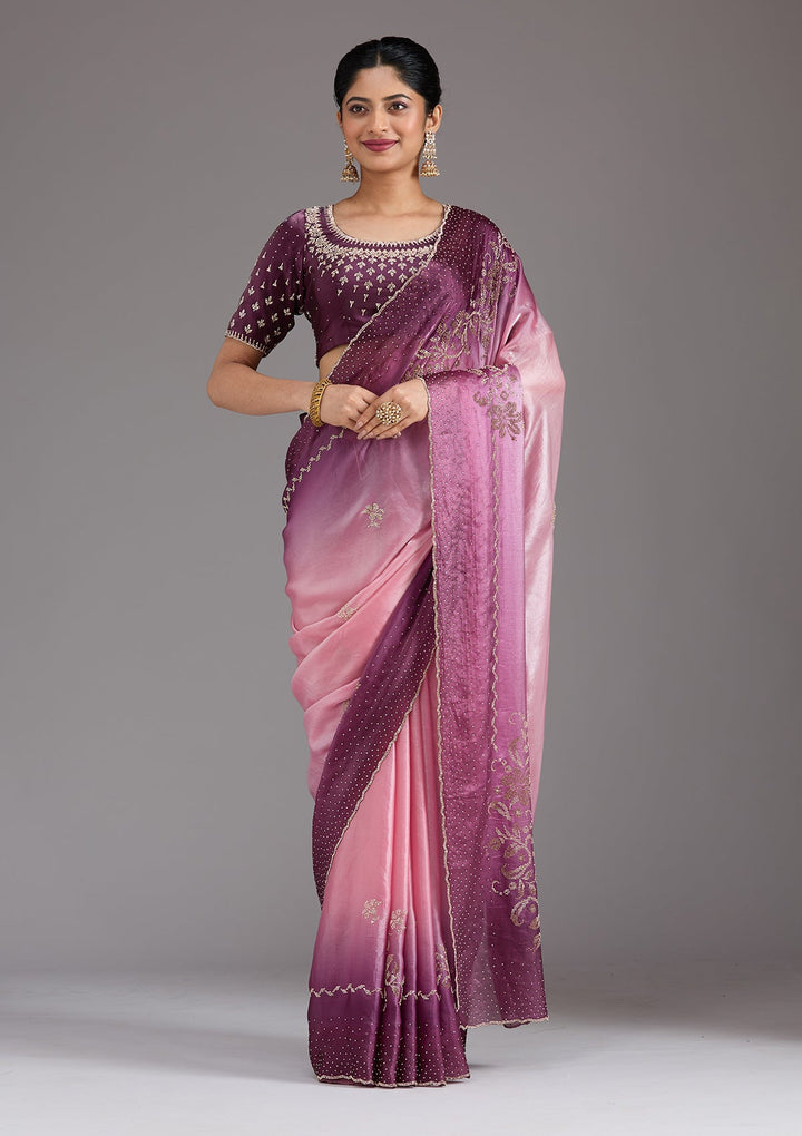 Pink Stonework (Gold) Tissue Saree_koskii