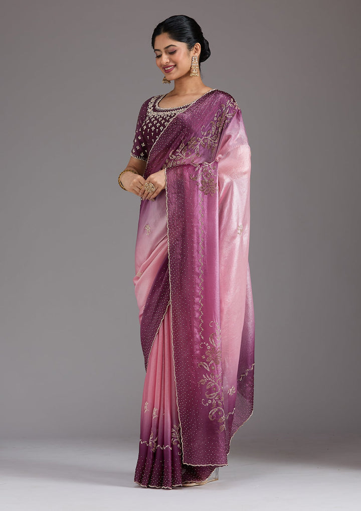 Pink Stonework (Gold) Tissue Saree_koskii