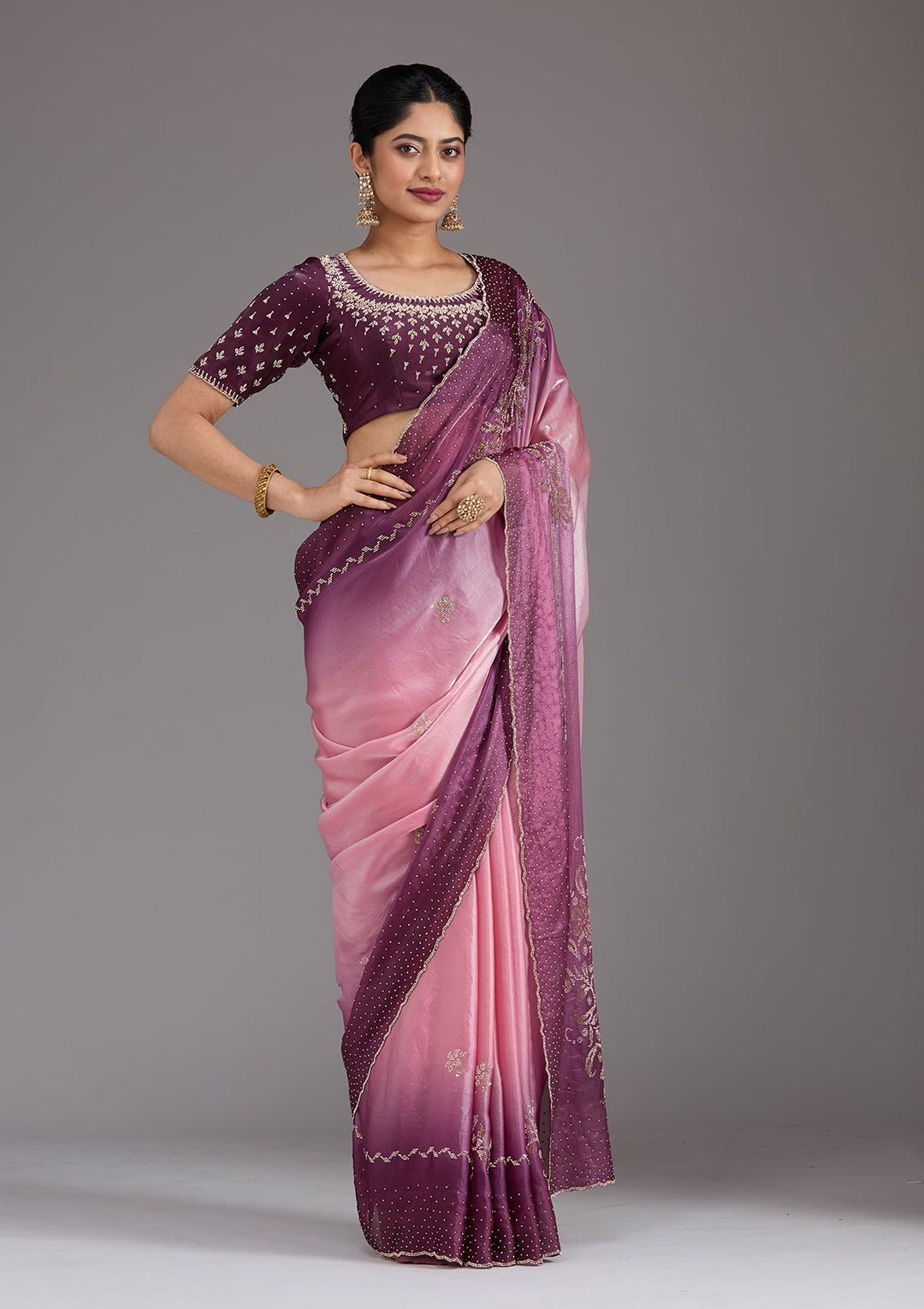Pink Stonework (Gold) Tissue Saree_koskii