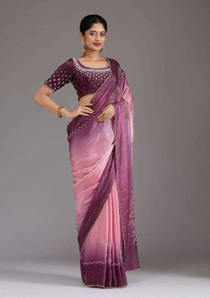 Pink Stonework (Gold) Tissue Saree_koskii