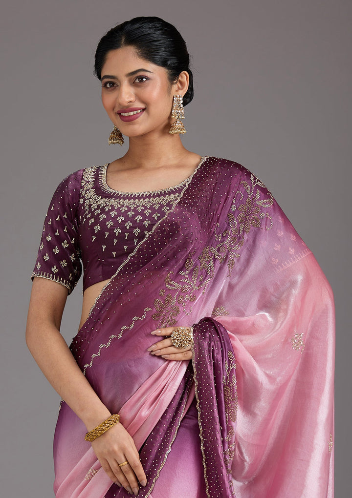 Pink Stonework (Gold) Tissue Saree_koskii