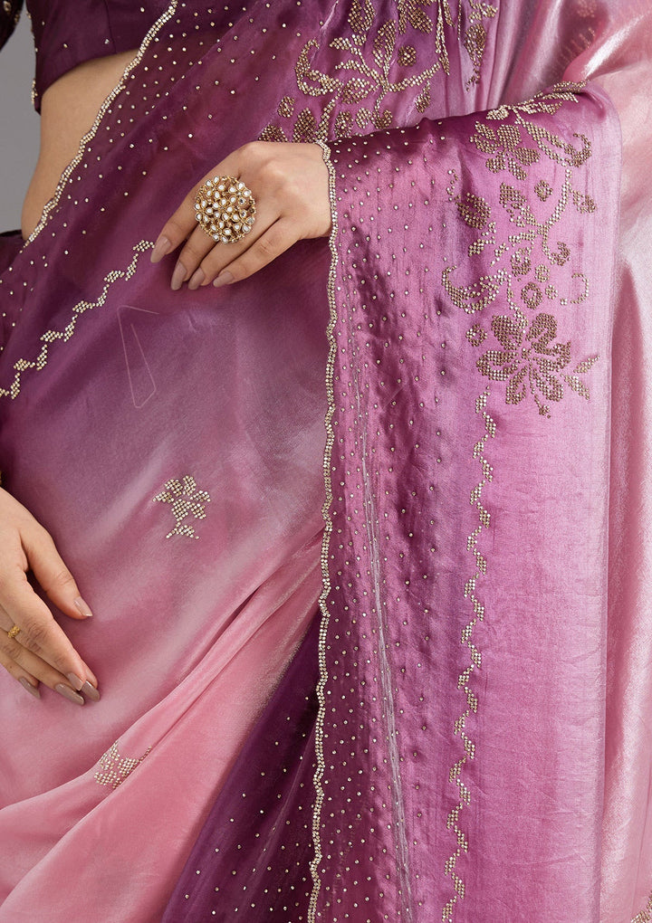 Pink Stonework (Gold) Tissue Saree_koskii