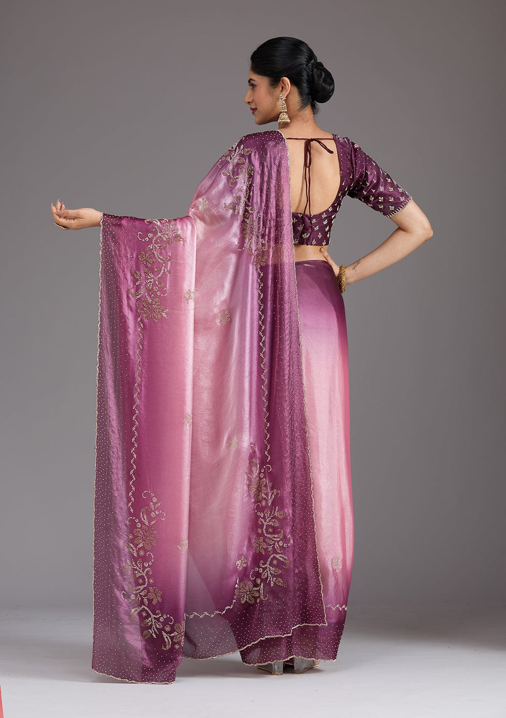 Pink Stonework (Gold) Tissue Saree_koskii