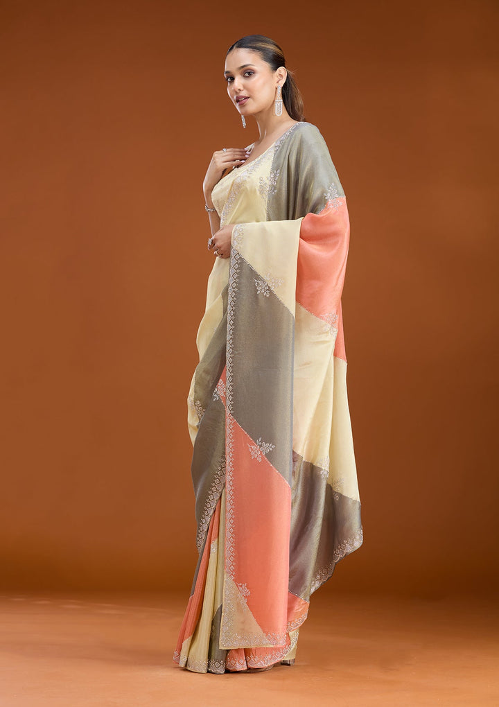 Gajari Pink Stonework (Silver) Tissue Saree