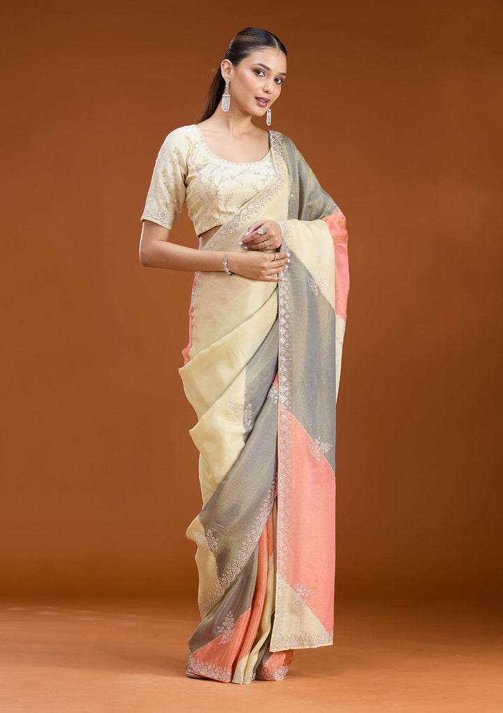 Gajari Pink Stonework (Silver) Tissue Saree