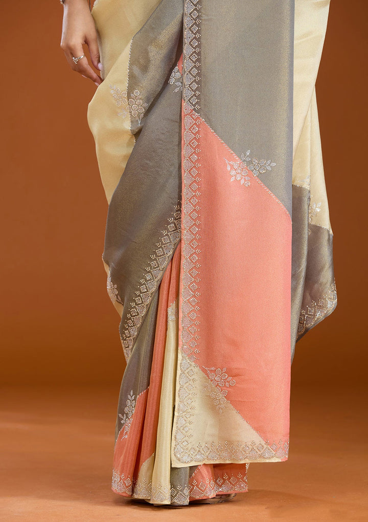 Gajari Pink Stonework (Silver) Tissue Saree