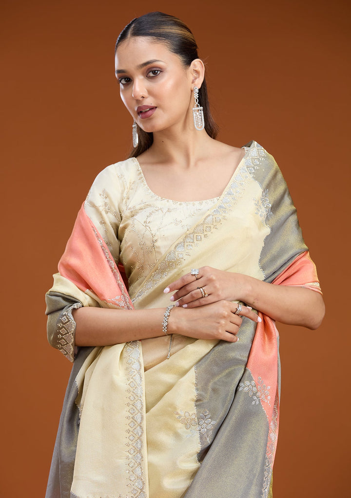 Gajari Pink Stonework (Silver) Tissue Saree