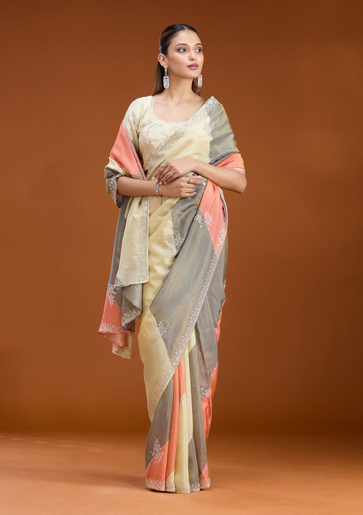 Gajari Pink Stonework (Silver) Tissue Saree
