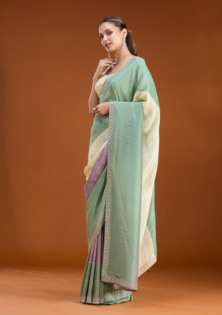 Teal Green Stonework (Silver) Tissue Saree