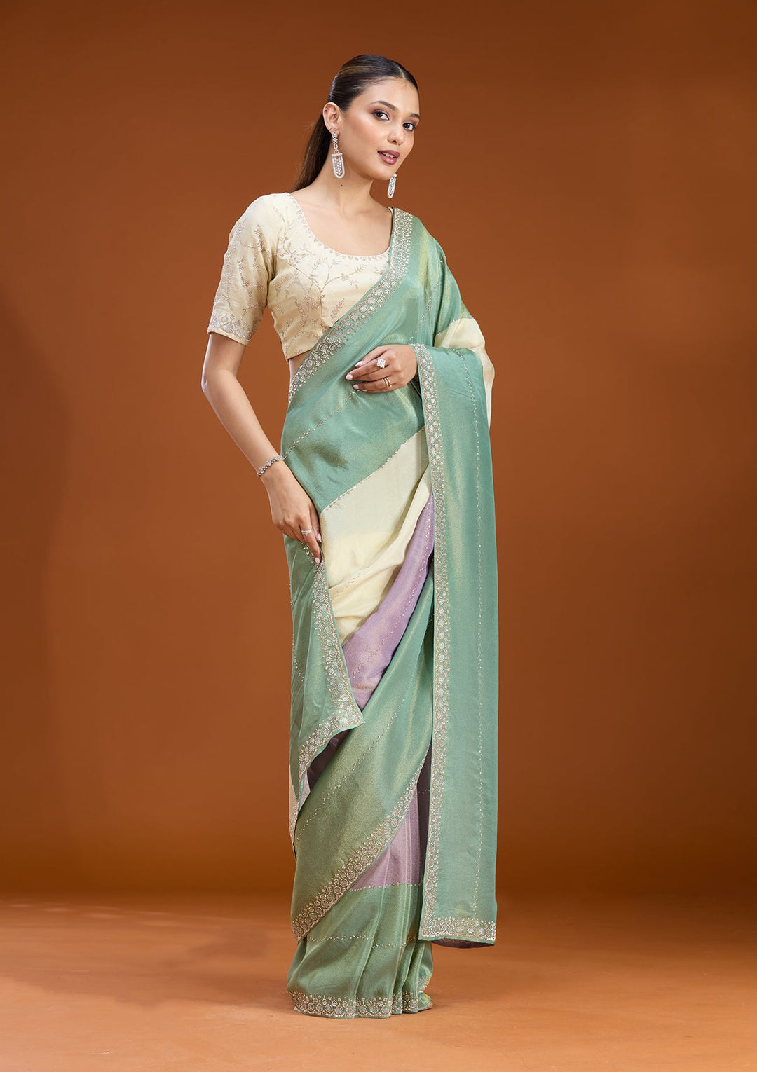 Teal Green Stonework (Silver) Tissue Saree