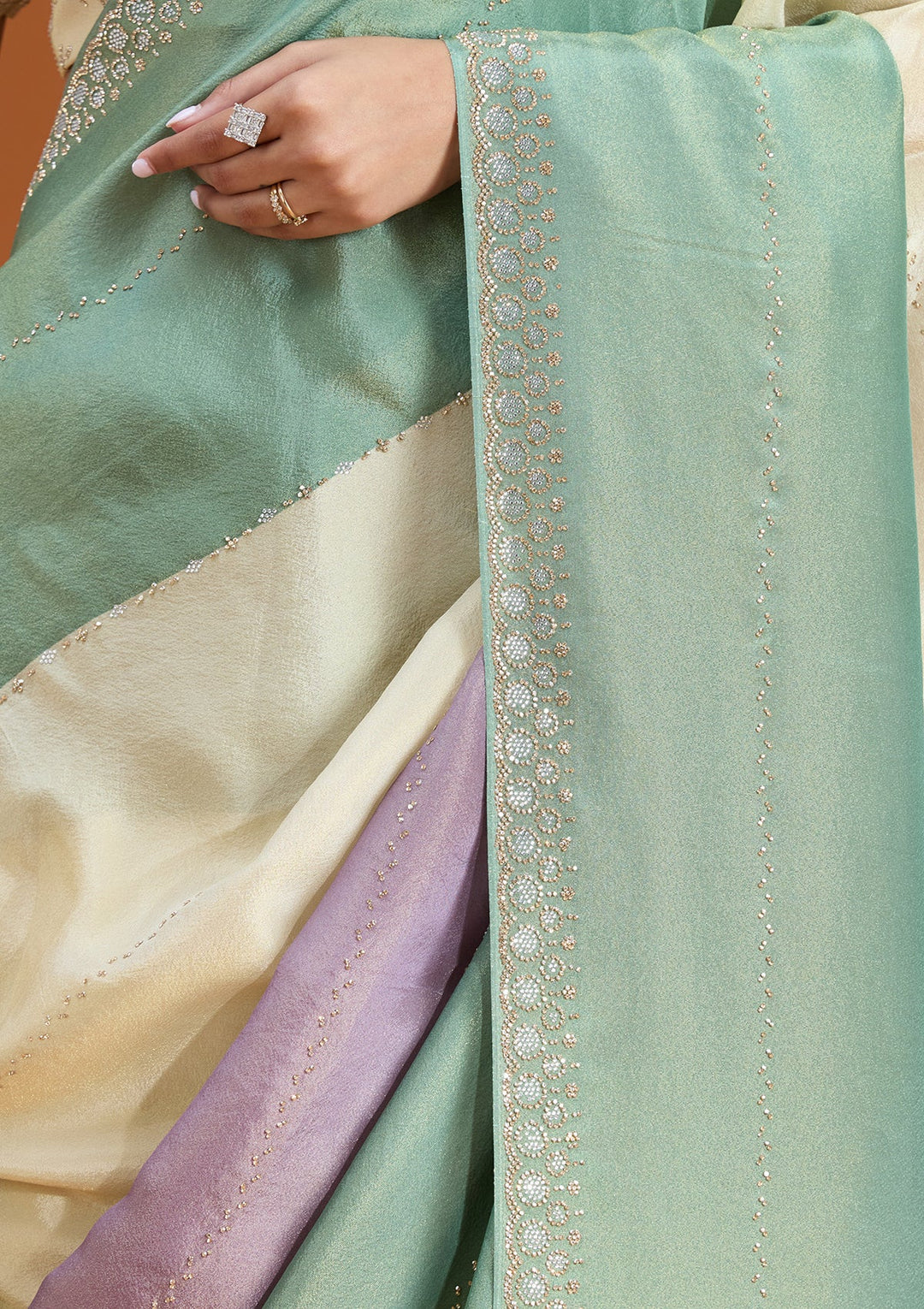 Teal Green Stonework (Silver) Tissue Saree