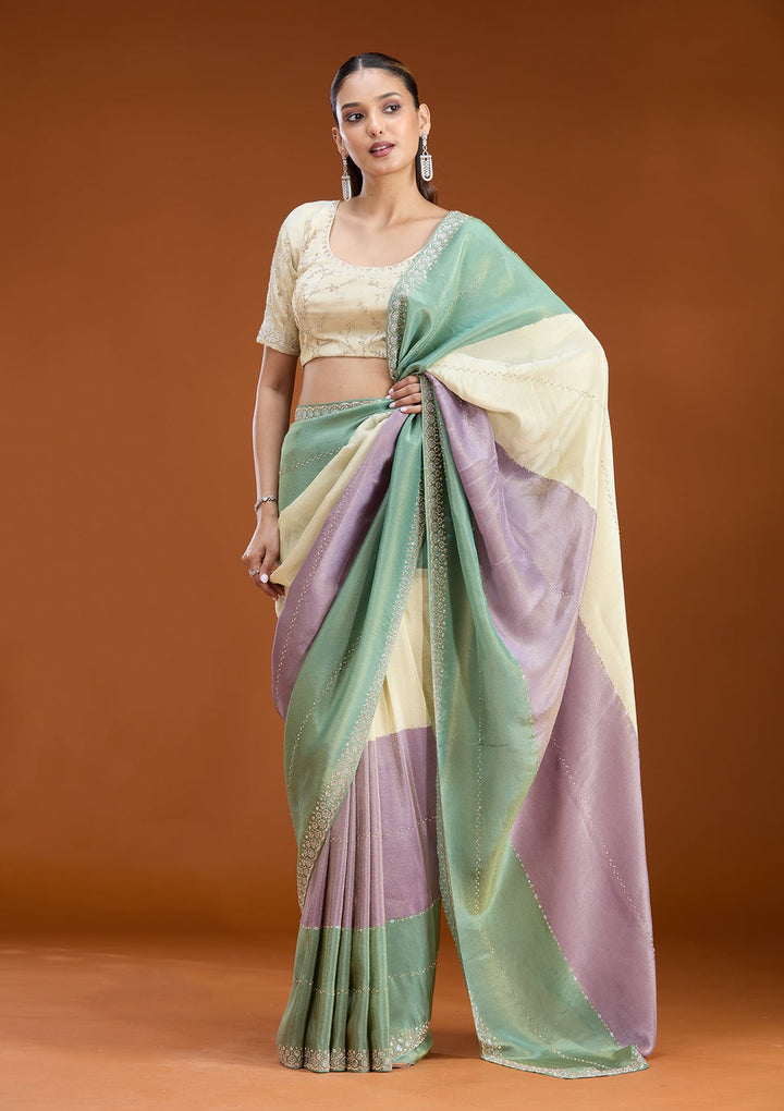 Teal Green Stonework (Silver) Tissue Saree