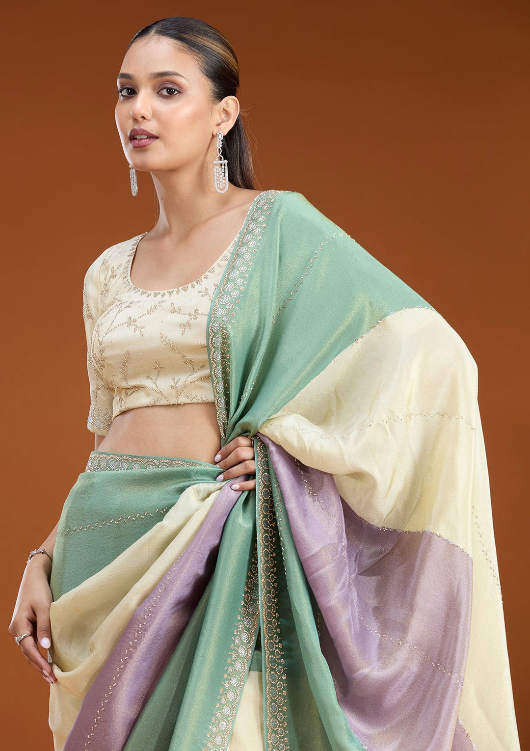 Teal Green Stonework (Silver) Tissue Saree