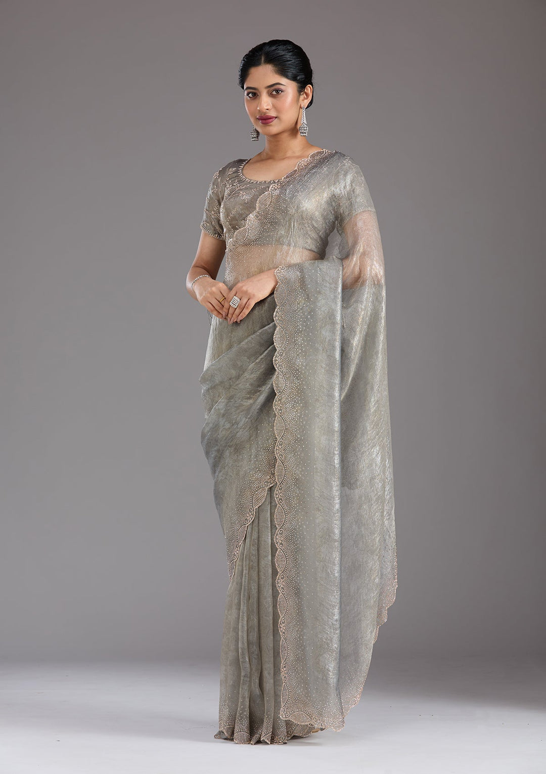 Grey Stonework (Gold) Tissue Saree_koskii