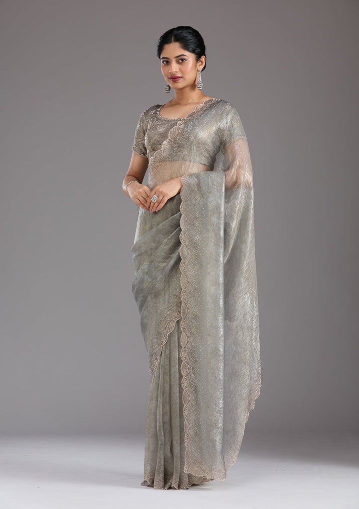 Grey Stonework (Gold) Tissue Saree_koskii