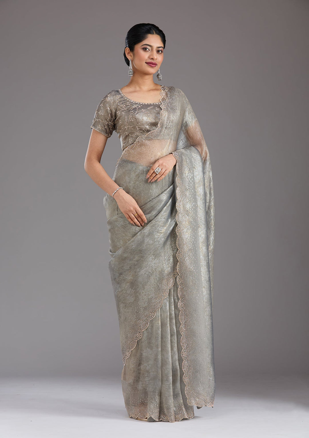 Grey Stonework (Gold) Tissue Saree_koskii