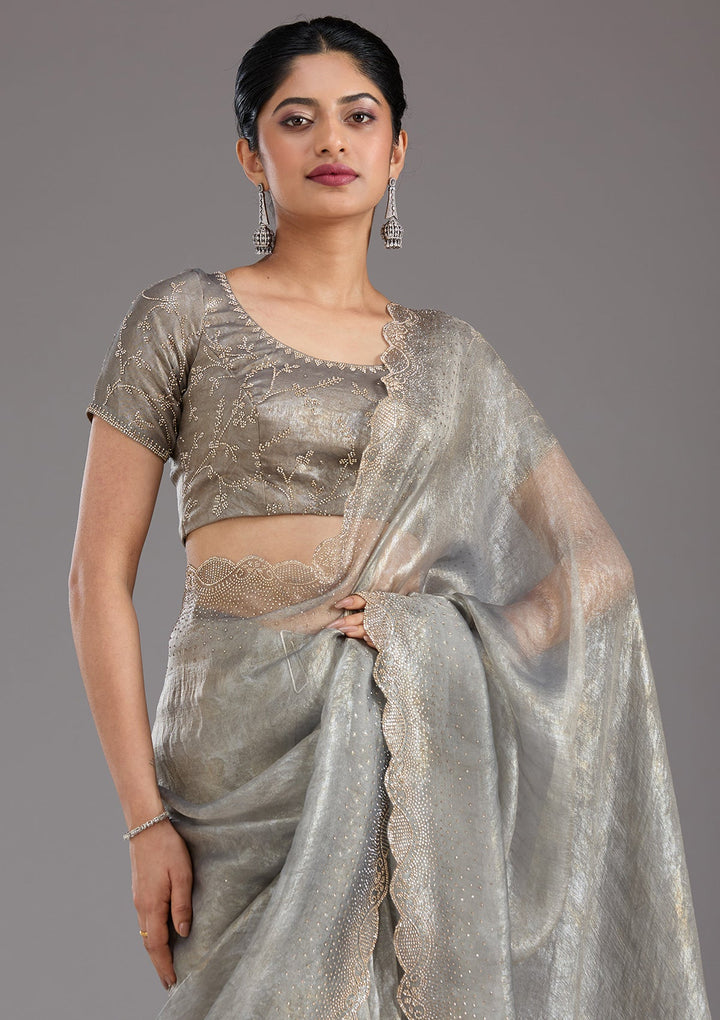 Grey Stonework (Gold) Tissue Saree_koskii