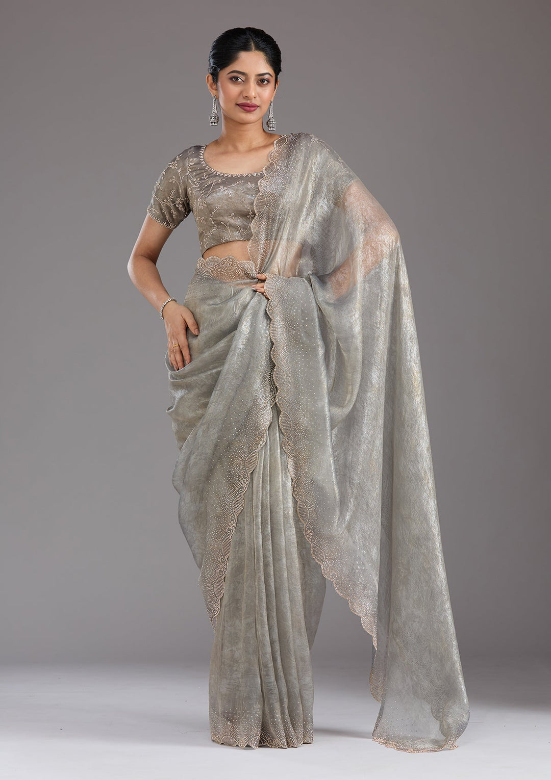 Grey Stonework (Gold) Tissue Saree_koskii