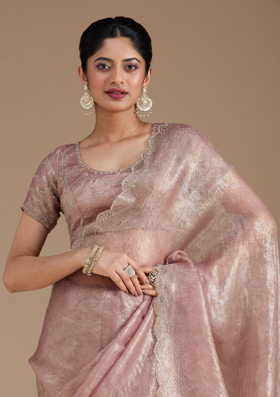 Mauve Stonework (Gold) Tissue Saree_koskii
