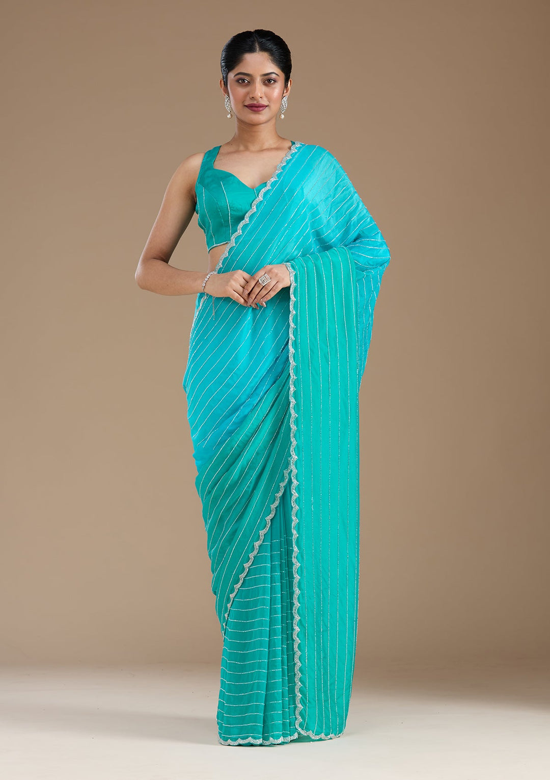 Blue Cutdana Crepe Saree_koskii