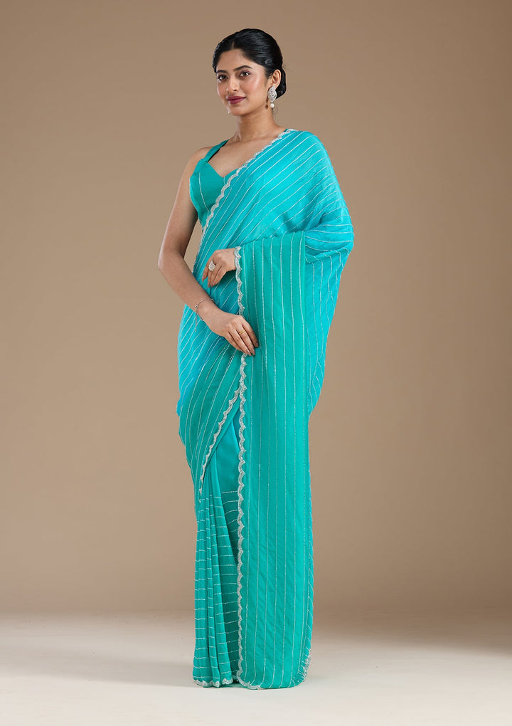 Blue Cutdana Crepe Saree_koskii