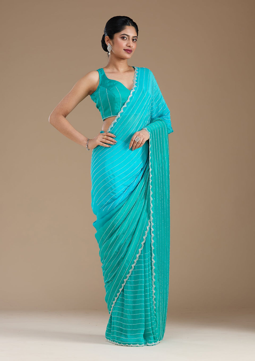 Blue Cutdana Crepe Saree_koskii