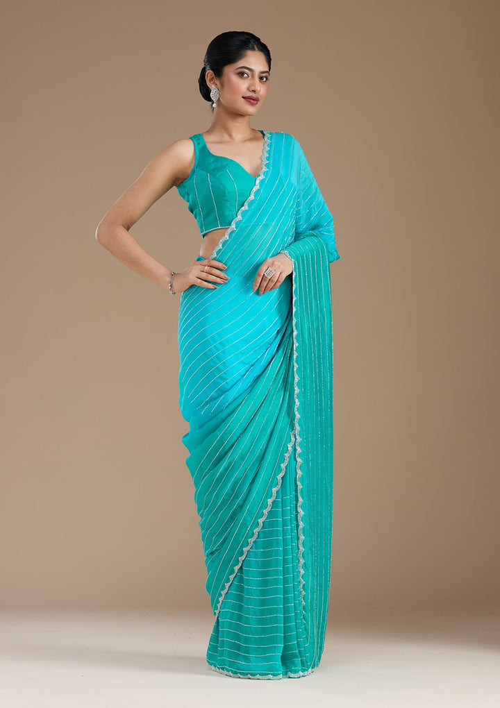 Blue Cutdana Crepe Saree_koskii