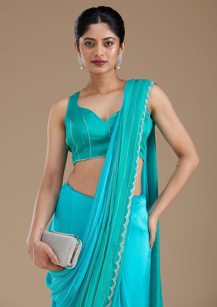 Blue Cutdana Crepe Saree_koskii