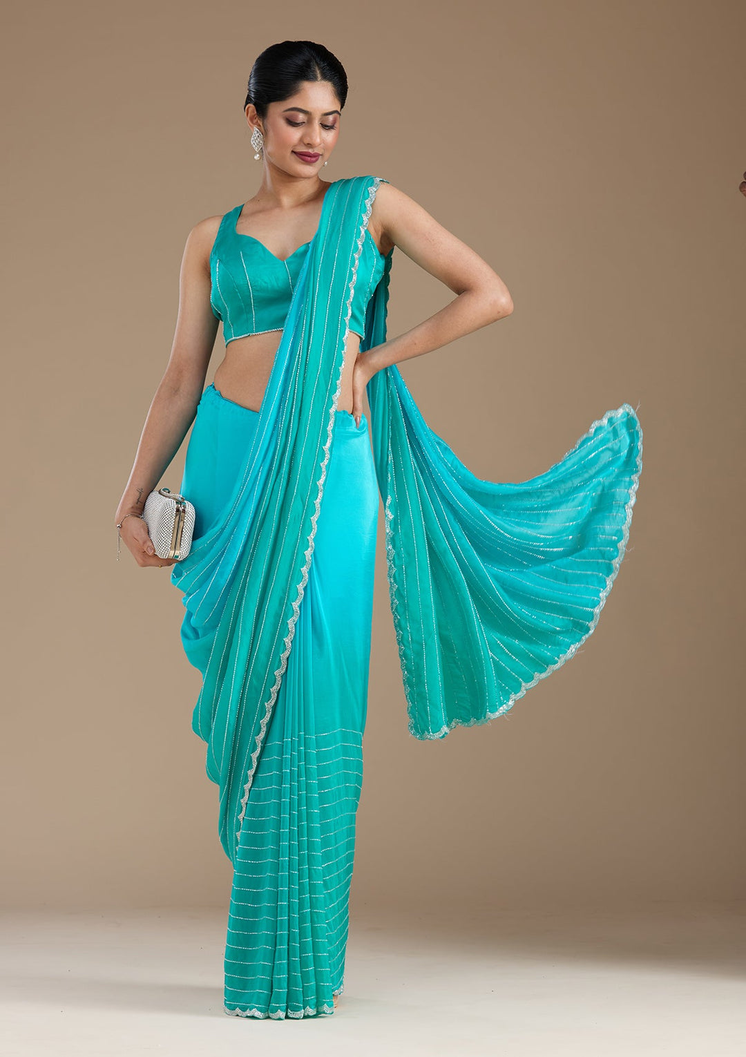 Blue Cutdana Crepe Saree_koskii